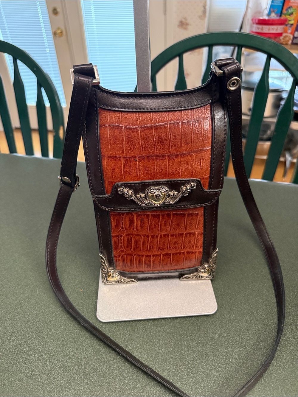 Brown Croc-Embossed Leather Crossbody with Silver-Tone Western Hardware